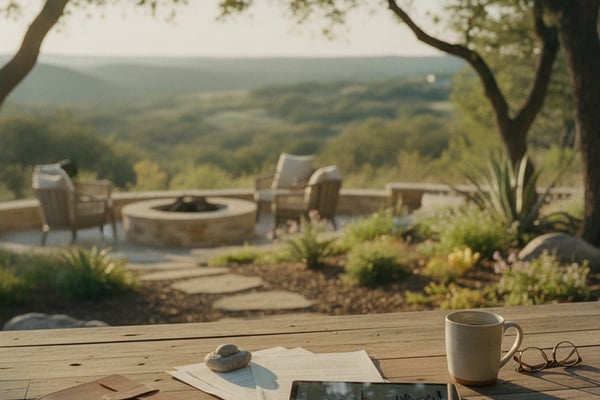 Wooden table with coffee mug, tablet, and notebook overlooking hillside valley with fire pit seating area beneath tree