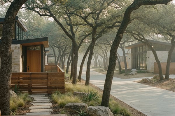 Modern cottage with wooden door nestled under sprawling oak trees, concrete pathway lined with native plants and boulders