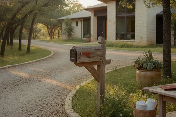 Wooden mailbox at driveway entrance with modern white brick house and mature oak trees in background