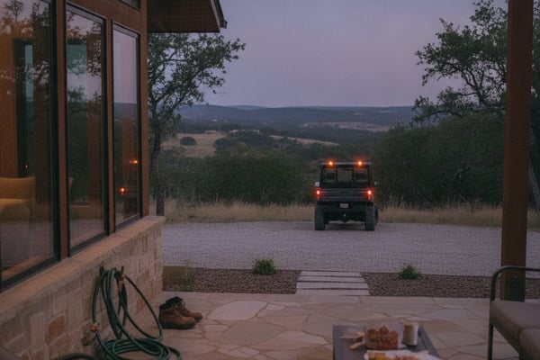 Patio with stone fireplace overlooking driveway, parked truck, and rolling hills at dusk