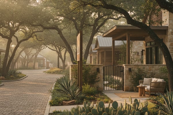 Stone house with wooden pergola and patio under sprawling oak trees, cactus garden in foreground