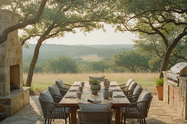 Outdoor dining patio with wooden table, woven chairs, and valley views beneath mature oak trees