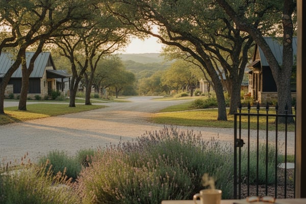 Tree-lined driveway with stone cottages, lavender garden, and rolling hills in distance